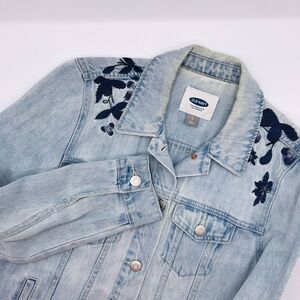 Old Navy Jean Jacket Womens SP Blue Petite Denim Floral Embroidered Long Sleeve